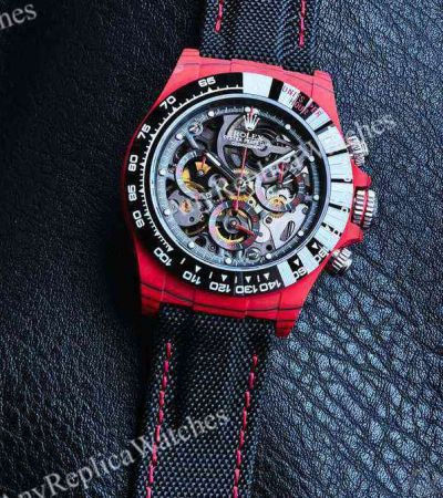 Rolex Daytona Skeleton Face Dandong 4130 Movement 40mm Red Carbon Fiber Case Fabric Band Watch